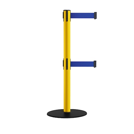 Montour Line Retractable Dbl Belt 2.5" YW Post , Low Base, 11' Dk Blu Belt S400D-YW-DBL-110